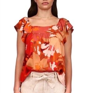 Sanctuary Flutter Ruffle Sleeve Boho Top Medium Red Floral Blouse
